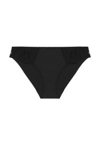 Panties neri in cotone con un bordo in pizzo lungo la vita, decorati con motivi floreali e bordi ondulati. Texture complessivamente liscia.