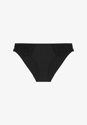 Svarta bomullstrusor med en spetsdetalj längs midjan, med blommönster och scallopade kanter. Slät textur överlag.