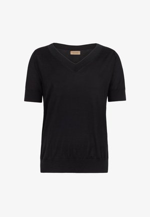 Sort strik-top med korte ærmer, V-hals og ribkant ved manchetter og kant, med et lille beige mærke indeni kraven.