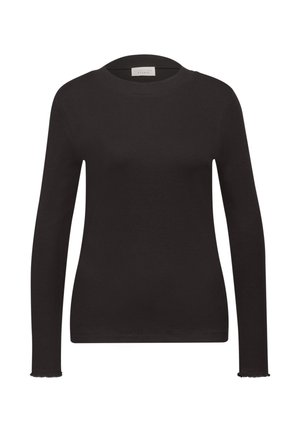 Černý dlouhý rukáv top vyrobený z žebrovaného materiálu, s kulatým výstřihem a vlnitými okraji na manžetách. Jednoduchý design s přiléhavým střihem.