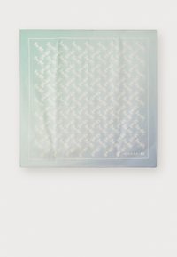 Silk scarf featuring a gradient from light mint to blue, with a repeating white pattern and a white border. Brand "COACH" visible in the corner.
