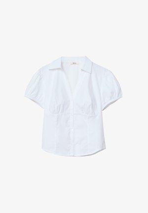 Camicetta bianca a maniche corte con colletto strutturato, maniche a sbuffo e chiusura frontale con bottoni. Presenta tessuto arricciato sul busto.