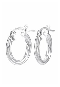 Pendientes de aro plateados con diseño retorcido, acabado pulido y cierre seguro. Medidas no especificadas.