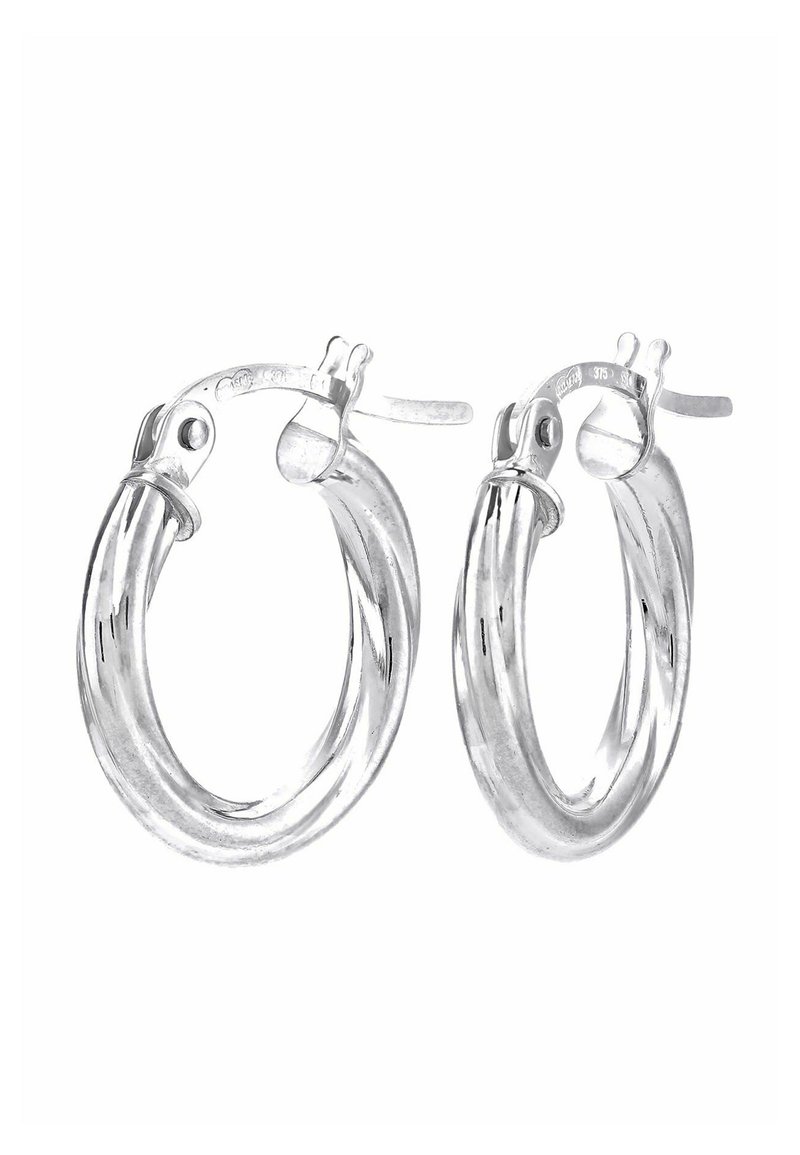 Pendientes de aro plateados con diseño retorcido, acabado pulido y cierre seguro. Medidas no especificadas.