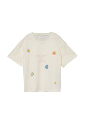 T-shirt à manches courtes de couleur crème avec des fleurs multicolores brodées et un texte discret "SPREAD LOVE AND FLOWERS" sur le devant.