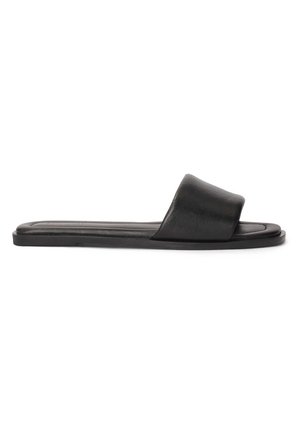 Black slide sandals featuring a wide, smooth strap and a flat sole. Made from a sleek material with a minimalistic design.