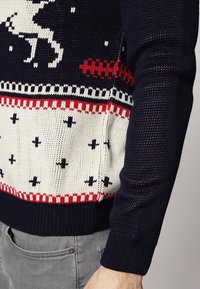 Marinblå stickad tröja med vit ren-design och röda och vita geometriska mönster, texturerade ärmslut och en krämfärgad nedre del med accenter.