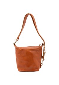 Borsa a secchiello in pelle marrone con finitura texturizzata, tracolla regolabile e accessori metallici. Design compatto adatto all'uso quotidiano.