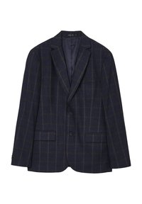 Blazer blu navy con motivo a quadri, realizzato in tessuto testurizzato, dotato di revers a punta, due tasche frontali e due bottoni.