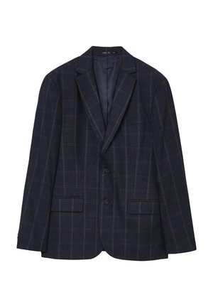 Blazer blu navy con motivo a quadri, realizzato in tessuto testurizzato, dotato di revers a punta, due tasche frontali e due bottoni.