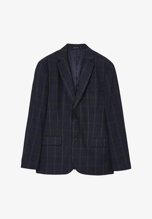 Marineblauer Blazer mit Karomuster, aus strukturiertem Stoff gefertigt, mit Reverskragen, zwei Vorder pockets und zwei Knöpfen.