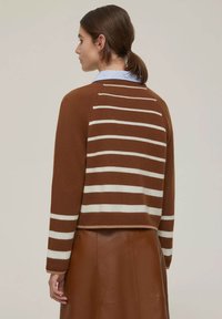 Maglione marrone a maglia con strisce orizzontali bianche, maniche raglan e design cropped, abbinato a una gonna in pelle marrone.