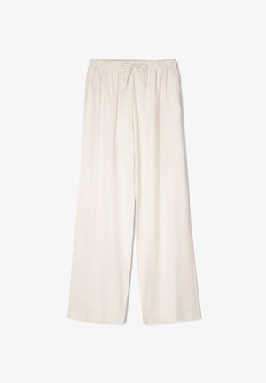 Ljust beige linnebyxor med vida ben som har dragsko i midjan, mjuk textur och minimalistisk design, passar för avslappnad användning.