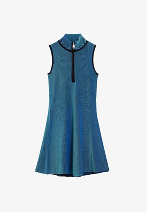 Das ärmellose Kleid mit blauen Streifen hat einen hohen Kragen und einen kurzen Reißverschluss, mit einer ausgestellten A-Linien-Form und kontrastierenden schwarzen Akzenten.