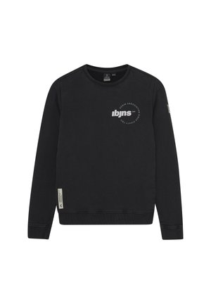 Sweat-shirt noir à manches longues, col rond, en tissu texturé, avec un logo sur le devant et une étiquette en bas à gauche.