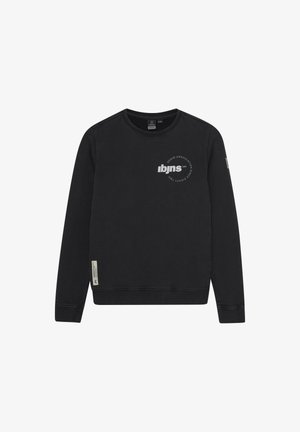 Zwarte sweatshirt met lange mouwen, ronde hals, textuurstof, logo ontwerp aan de voorkant en een label aan de linkeronderzijde.