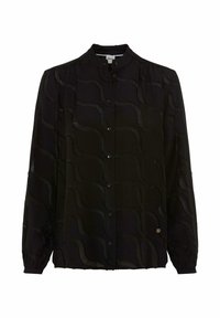 Black blouse featuring a textured wave pattern, button-up front, and long sleeves with elastic cuffs. Small logo detail on the side.