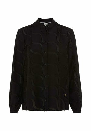 Zwarte blouse met een geweven golfpatroon, knoopsluiting aan de voorkant en lange mouwen met elastische manchetten. Klein logodetail aan de zijkant.