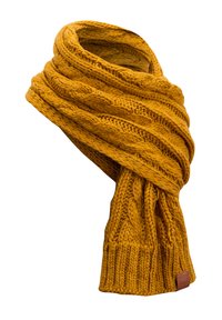 Mustard yellow knit scarf with a textured cable pattern. Features a ribbed end and a small leather logo tag. Thick and cozy design.