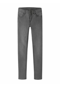 Šedé džínové kalhoty s úzkým střihem, vybavené zapínáním na knoflík, pěti kapsami a jemnými šicími detaily. Hladká struktura a čistý design.