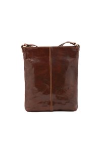 Borse a tracolla in pelle marrone con una consistenza liscia, dettagli di cucitura verticale e tracolla regolabile. Design semplice e rettangolare.