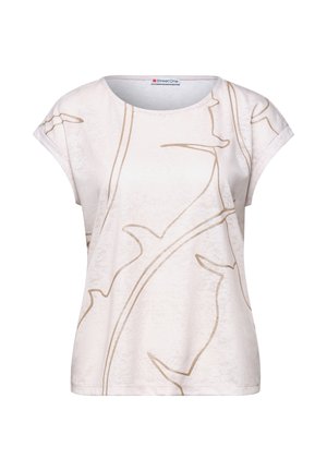 Blouse blanche à manches courtes avec col rond et motif abstrait de fines feuilles beiges, étiquetée Street One à l'intérieur du col.