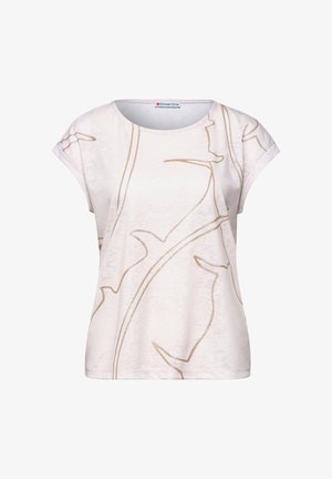 Blouse blanche à manches courtes avec col rond et motif abstrait de fines feuilles beiges, étiquetée Street One à l'intérieur du col.