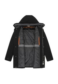 Črna parka jakna z sivo prešito notranjostjo, oranžnimi poudarki, kapuco in zadrgo. Ima pritisne gumbe in notranje žepe.