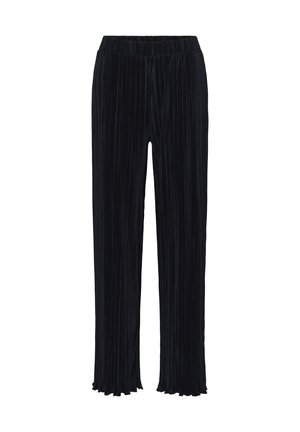 Black pleated trousers with an elastic waistband, featuring a flared hem. The fabric has a soft texture and consistent vertical lines.