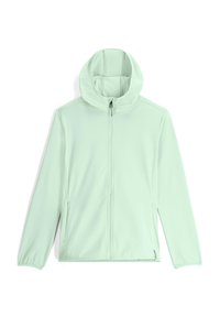 Giacca verde menta con chiusura a zip, cappuccio completo e interno testurizzato. Presenta maniche lunghe e tasche laterali per praticità.