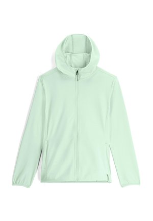 Veste vert menthe avec fermeture éclair, capuche complète et intérieur texturé. Elle possède des manches longues et des poches latérales pour plus de praticité.
