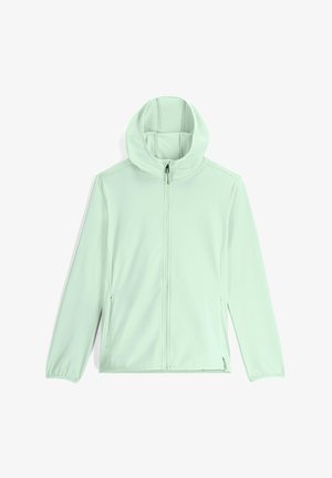 Giacca verde menta con chiusura a zip, cappuccio completo e interno testurizzato. Presenta maniche lunghe e tasche laterali per praticità.