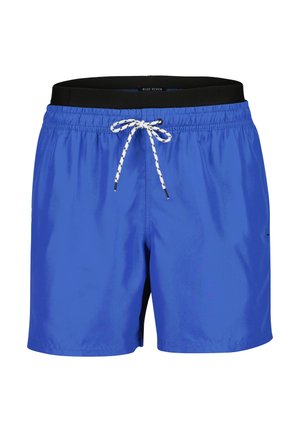 Blå badebukser i let materiale med sort elastisk linning og hvid snor med sorte detaljer.