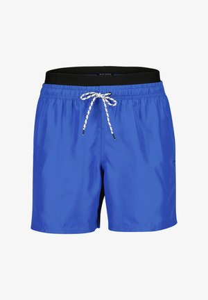 Short de bain bleu en matière légère, doté d'une ceinture élastique noire et d'un cordon blanc avec des accents noirs.