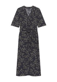 Robe midi noire avec un motif floral blanc, manches courtes, décolleté en V, devant à boutons et ceinture nouée à la taille.