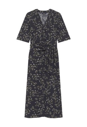 Abito midi nero con motivo floreale bianco, maniche corte, scollatura a V, chiusura frontale con bottoni e cintura annodata in vita.