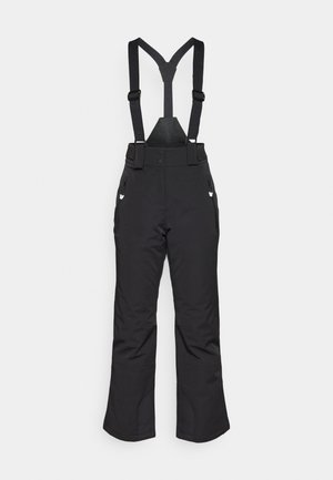 Black ski pants with adjustable suspenders, zippered pockets, button closure, wide legs, and reinforced knee areas. Sleek and functional design.