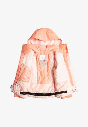 Winterjacke mit vollständigem Reißverschluss in hellem Pfirsichton und blassem Rosa, ausgestattet mit Kapuze, gepolsterter Isolierung, inneren Netzfächern und elastischem Taillenbund.