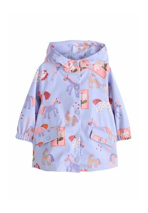 Hellblauer Regenmantel mit einem verspielten Einhornmuster in Rosa- und Lila-Akzenten, elastischen Bündchen und Druckknopfverschlüssen.