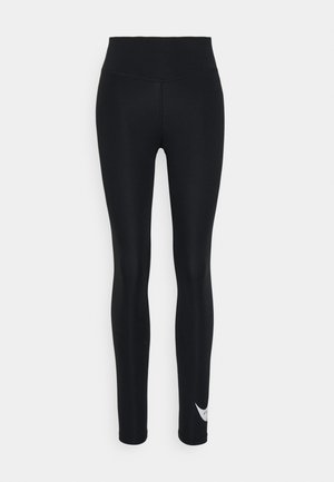 Black leggings with a high waist, made from stretchy material, featuring a white logo on the lower left side, smooth texture.