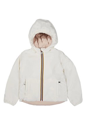 Giacca bianca con cappuccio e fodera trapuntata rosa chiaro. Caratterizzata da una chiusura lampo frontale con strisce multicolori e due tasche laterali.