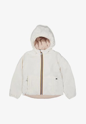Giacca bianca con cappuccio e fodera trapuntata rosa chiaro. Caratterizzata da una chiusura lampo frontale con strisce multicolori e due tasche laterali.