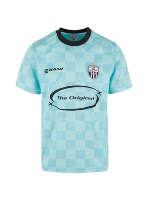 Helles blaues kariertes Sporttrikot mit schwarzem Kragen. Mit "THE ORIGINAL" in fettem schwarzen Text und einem Logo auf der Brust. Aus leichtem Stoff gefertigt.