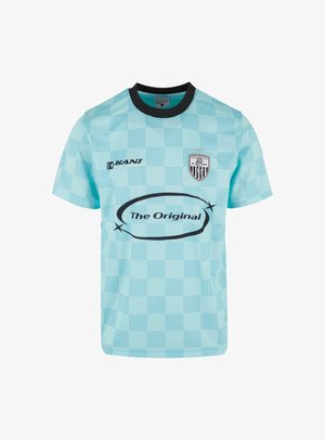 Lichtblauwe geruite sporttrui met zwarte kraag. Bevat "THE ORIGINAL" in vetgedrukte zwarte tekst en een logo op de borst. Gemaakt van lichtgewicht stof.