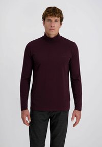 Mann mit lockigem Haar, der einen dunkelvioletten Langarmrollkragenpullover und eine dunkelgraue karierte Hose trägt, steht vor einem einfarbigen Hintergrund.