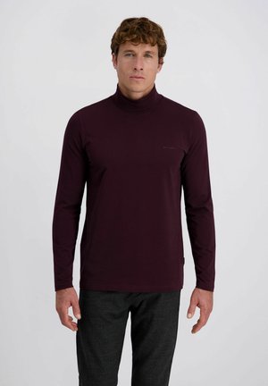 Man met krullend haar, gekleed in een donkerpaarse lange mouw coltrui en donkergrijze geruite broek, staande tegen een effen achtergrond.
