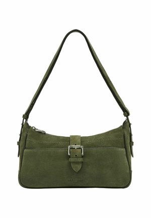 Borsa a spalla in suede verde oliva con tracolla regolabile, dettaglio della fibbia frontale e chiusura con zip superiore.