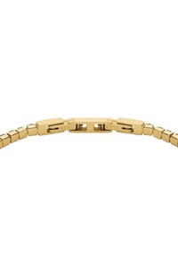 Náhrdelník z nerezové oceli ve zlaté barvě se čtvercovými články a sponou označenou "S.STEEL", která předvádí hladký, lesklý povrch.