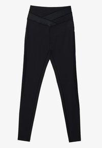 Sorte leggings med en bred, kryssende midje og kontrastfargede teksturerte paneler. Glatt stoff, tettsittende form og flate sømmer for komfort.