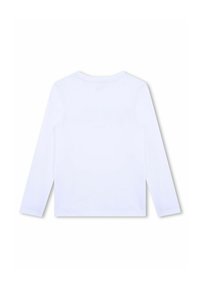 Chemise à manches longues en coton blanc uni, avec un col rond et une coupe droite, sans logos ni motifs visibles. Vue arrière présentée.